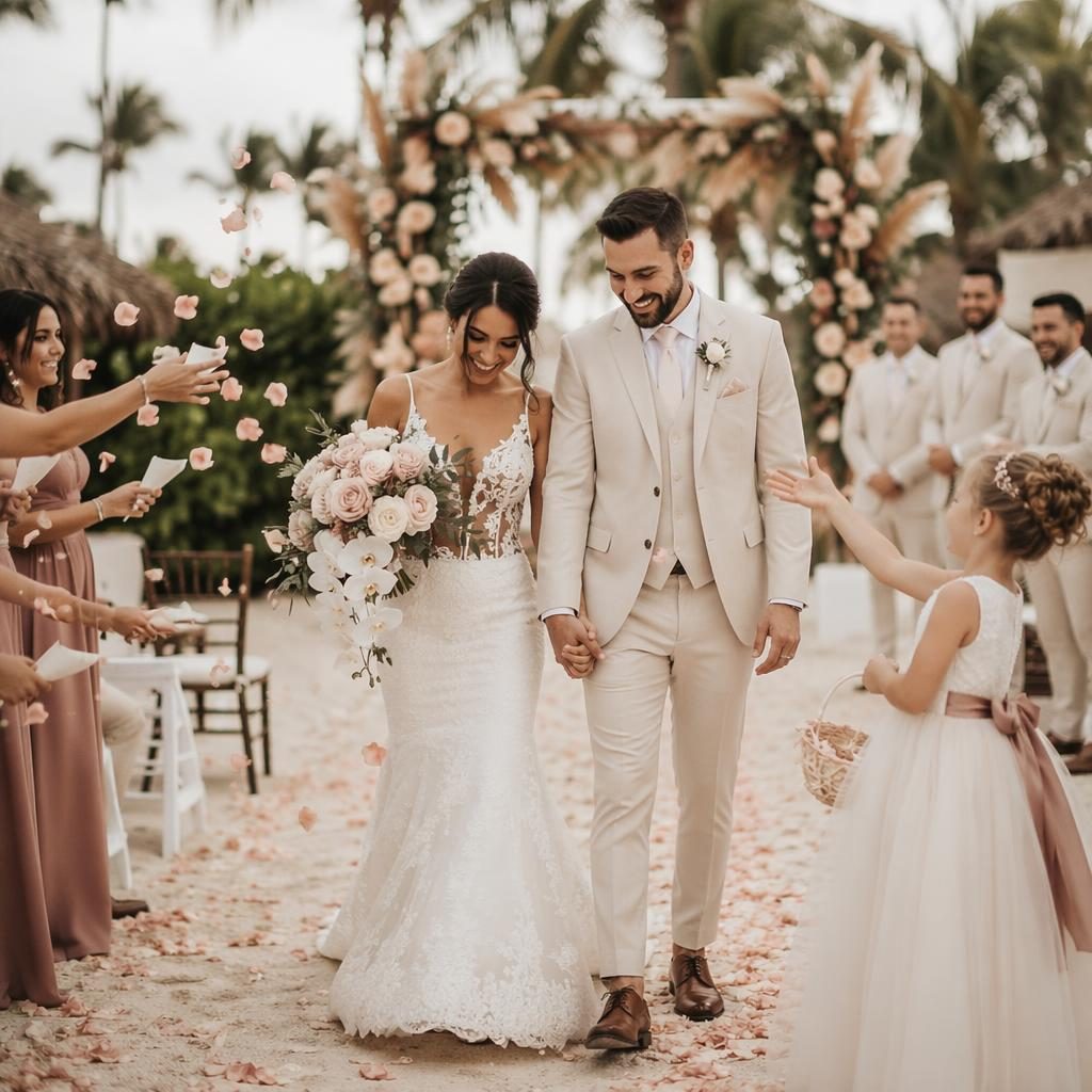 Flower girl tossing petals during a tropical resort wedding recessional in winter, with dusty rose florals and cinematic light.