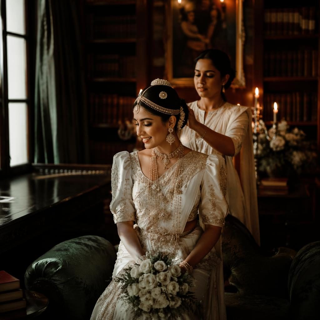 Bride getting ready in a candlelit historic castle library near the ocean, with autumn tones and an emerald bronze palette.