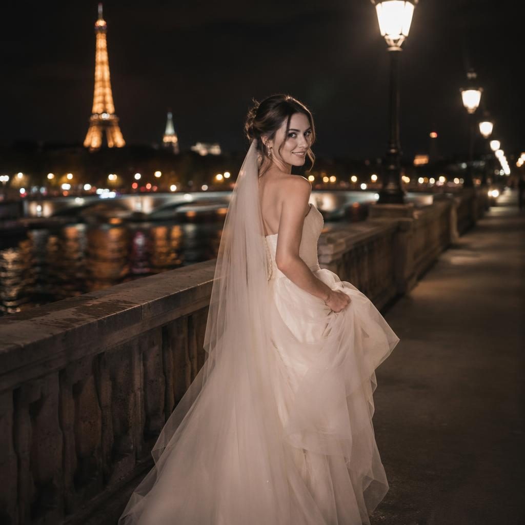 Bride and groom walking on a Paris Seine bridge at night, candid wedding recessional with soft blush and cream tones.