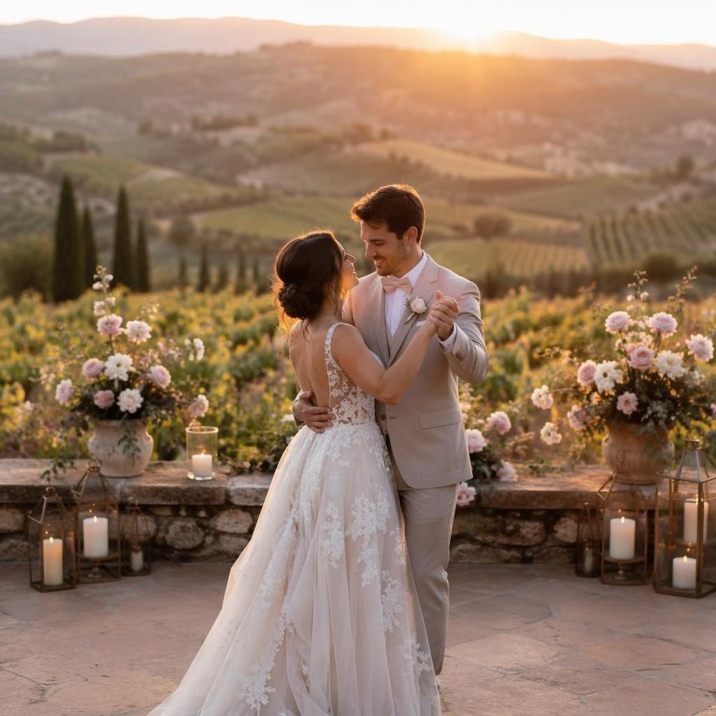 Couple de mariés dansant dans un jardin intime au coucher du soleil, ambiance vignoble toscan, tons blush et crème.
