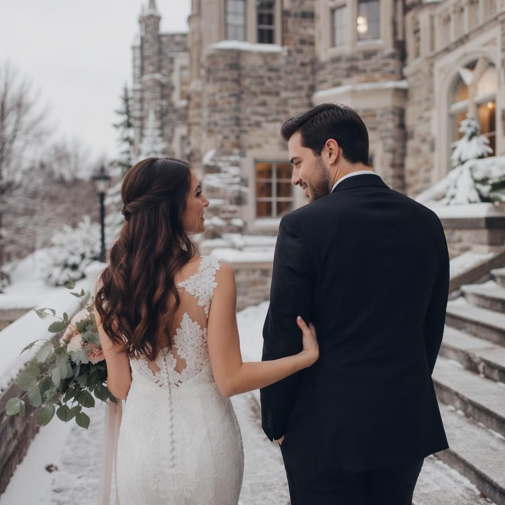 Couple sharing a first look in a snowy alpine backyard setting with blush and cream wedding styling and natural light