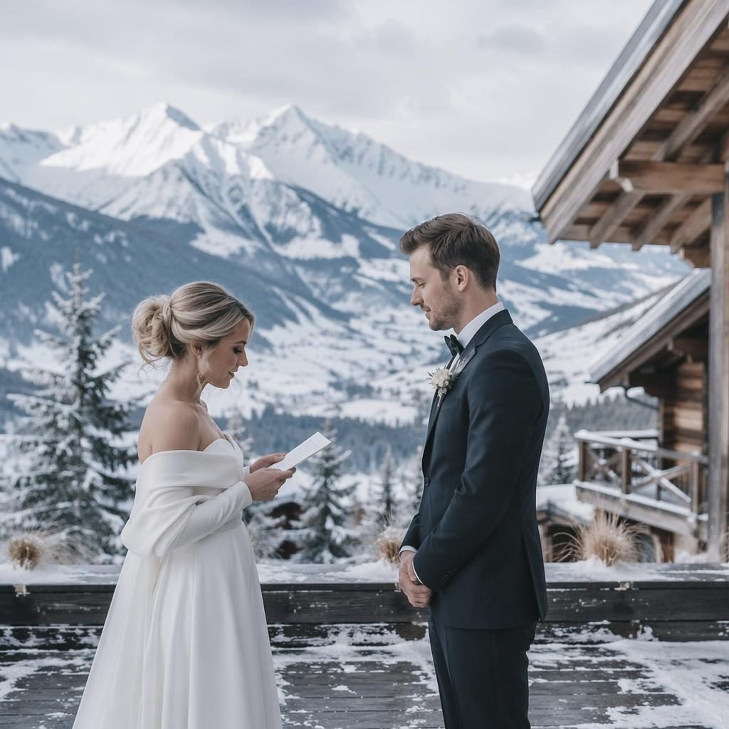 Couple échangeant ses vœux devant un chalet alpin enneigé, lumière naturelle, tons glacés et style minimaliste.