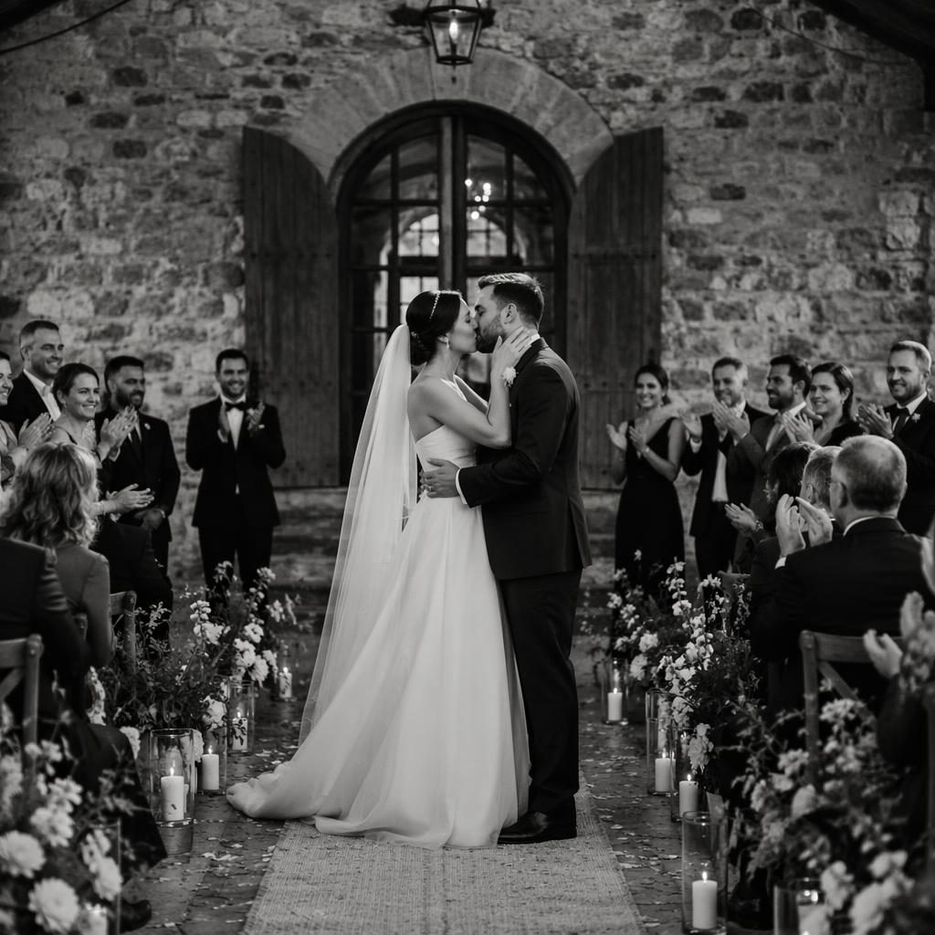 Pareja de novios dándose el primer beso en una boda junto a un granero rústico, con viñedo toscano al atardecer en invierno.