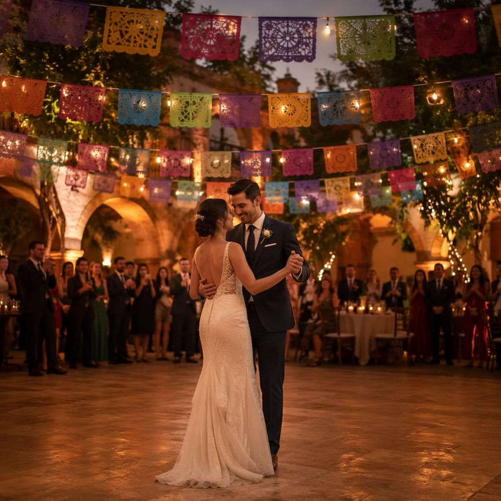 Pareja en primer baile en salón elegante tipo hacienda mexicana, con papel picado y luz cálida de atardecer