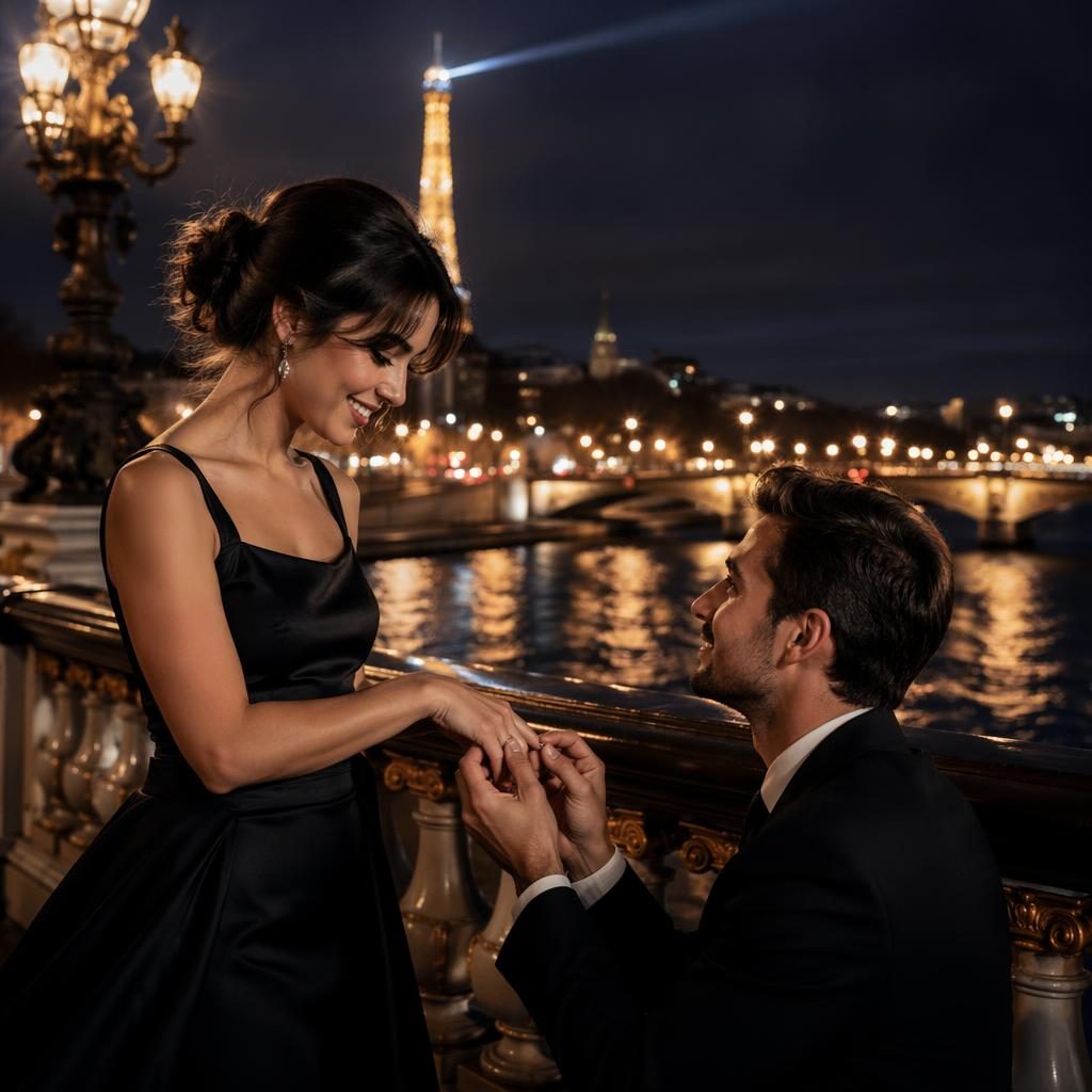 Couple exchanging rings on a Paris Seine bridge at night, with elegant ballroom-inspired styling and dusty rose tones.