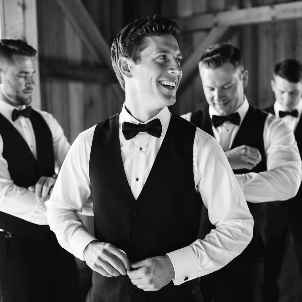 Black and white wedding photo of a groom getting ready in a rustic barn before an English manor lawn ceremony.