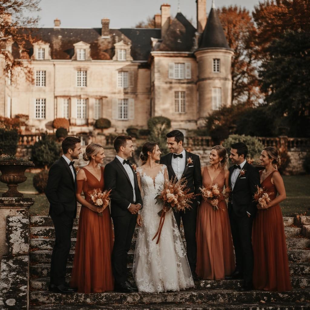 Photo de groupe de mariage dans un jardin de château français, lumière chaude du coucher de soleil, ambiance sombre.