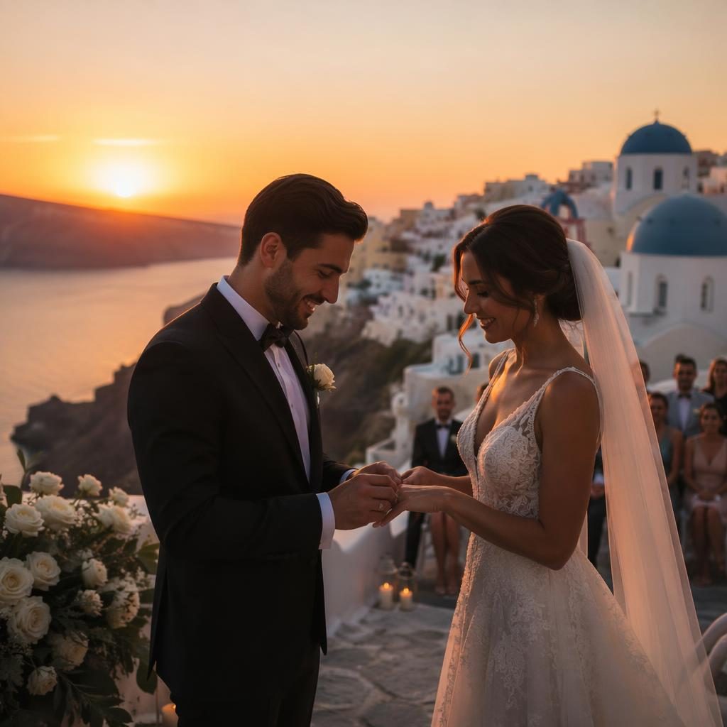 Couple exchanging rings at sunset on a Santorini cliff with blue domes, warm moody light and elegant wedding styling.