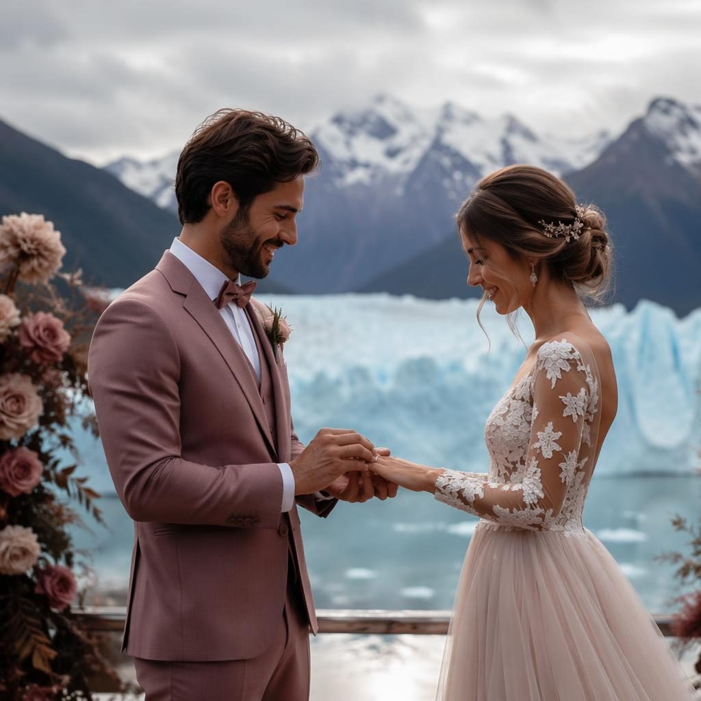 Échange de bagues en or blanc lors d’un mariage dans un resort tropical, lumière naturelle et ambiance cinématique