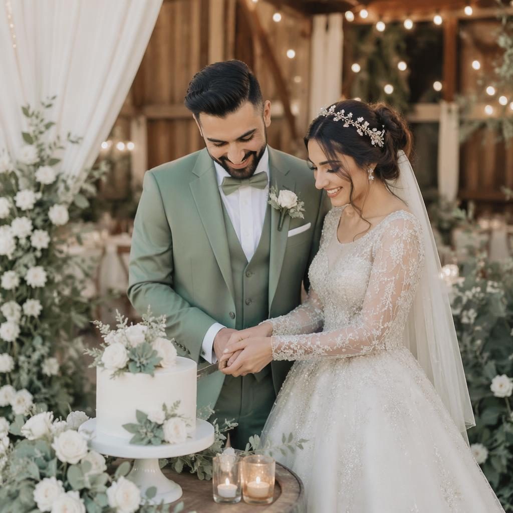 Bride and groom cutting wedding cake in a botanical garden near a rustic barn with fairy lights, sage and white decor