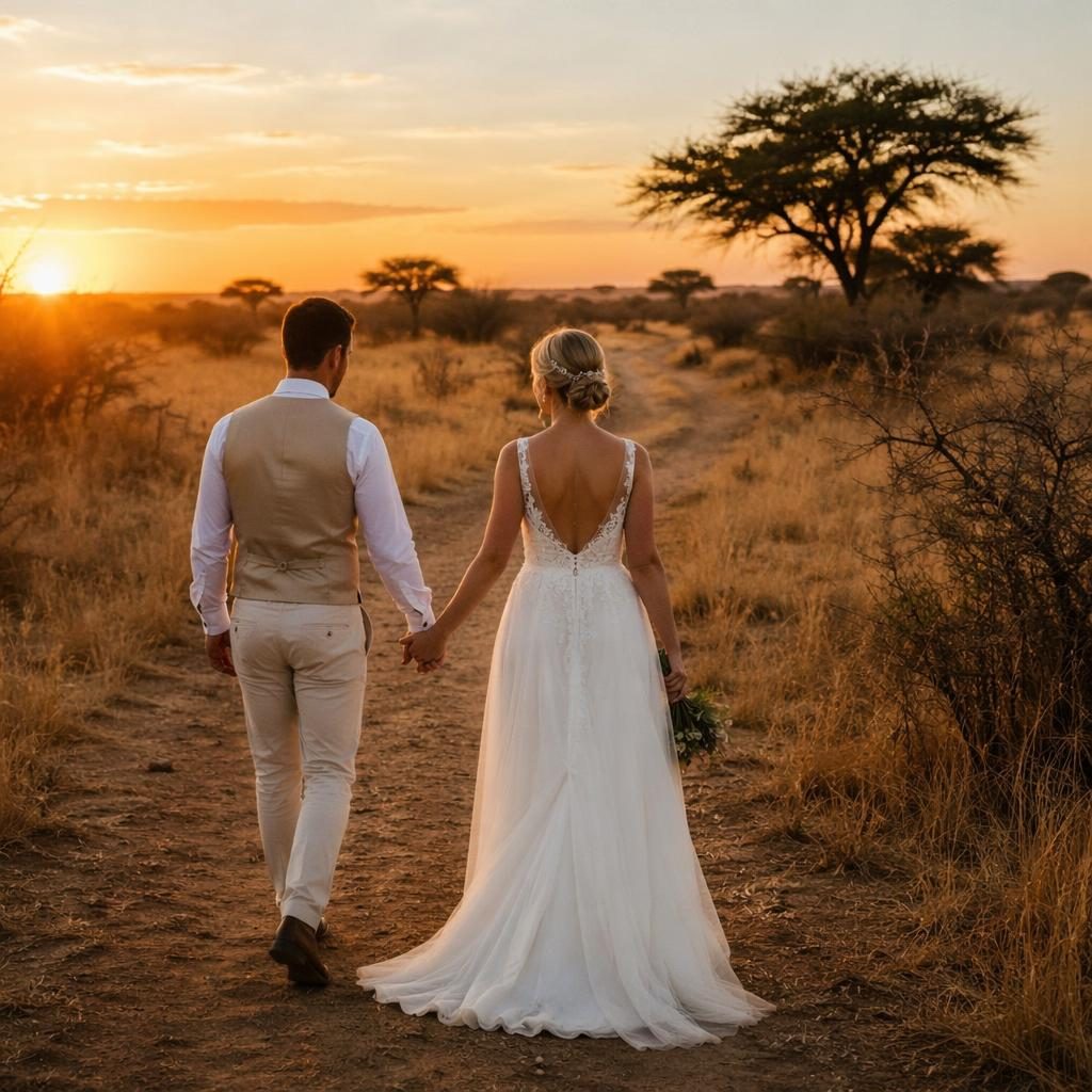 Couple en sortie de cérémonie lors d’un mariage intime, ambiance safari au coucher du soleil, tons blush et crème.