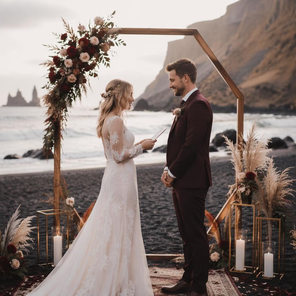 Bride and groom exchange vows on an Icelandic black sand beach with pastel autumn light, burgundy and gold details.