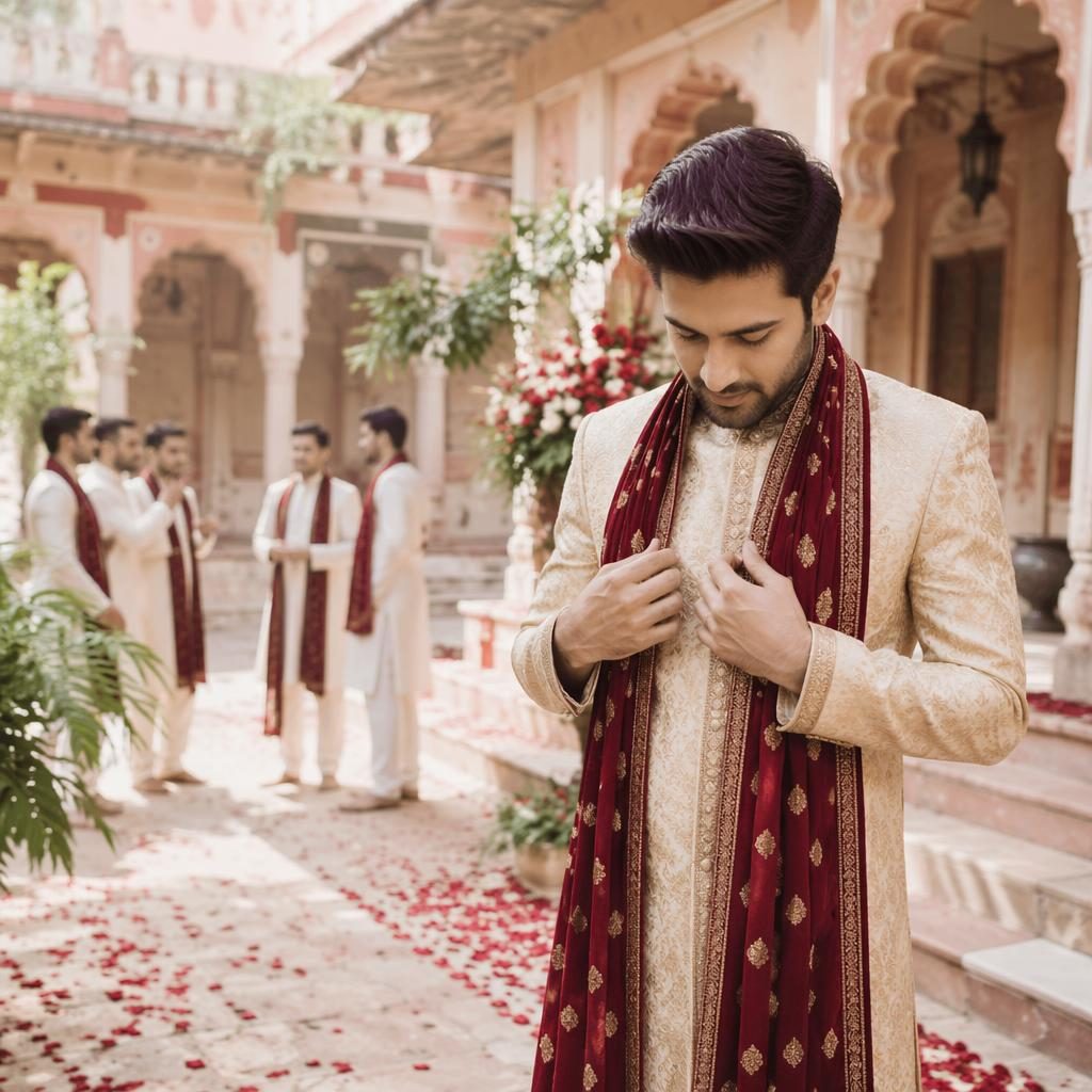 Bride at a Rajasthan palace courtyard mehndi with burgundy and gold decor, soft natural light, romantic wedding styling
