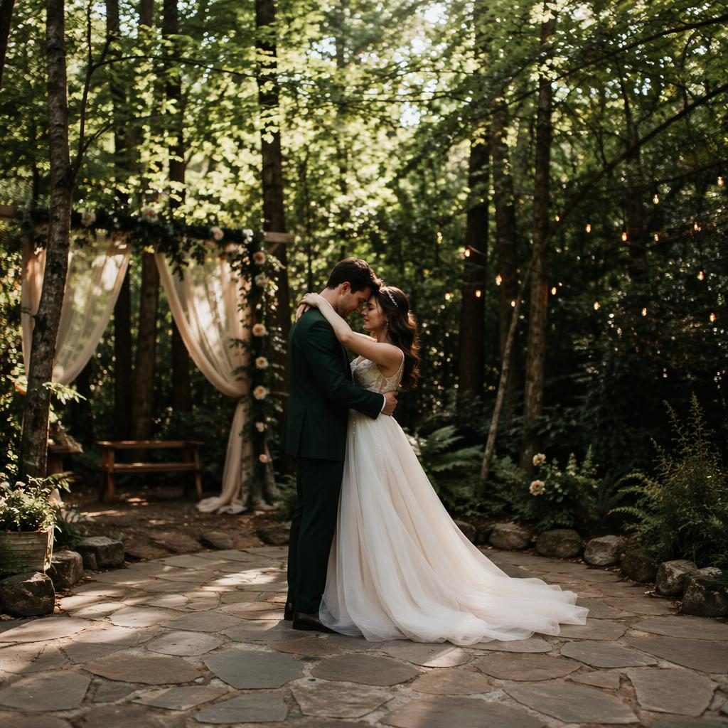 Novios bailando su primera danza en un patio íntimo con aire de bosque de cuento, luz natural y tonos esmeralda y bronce.