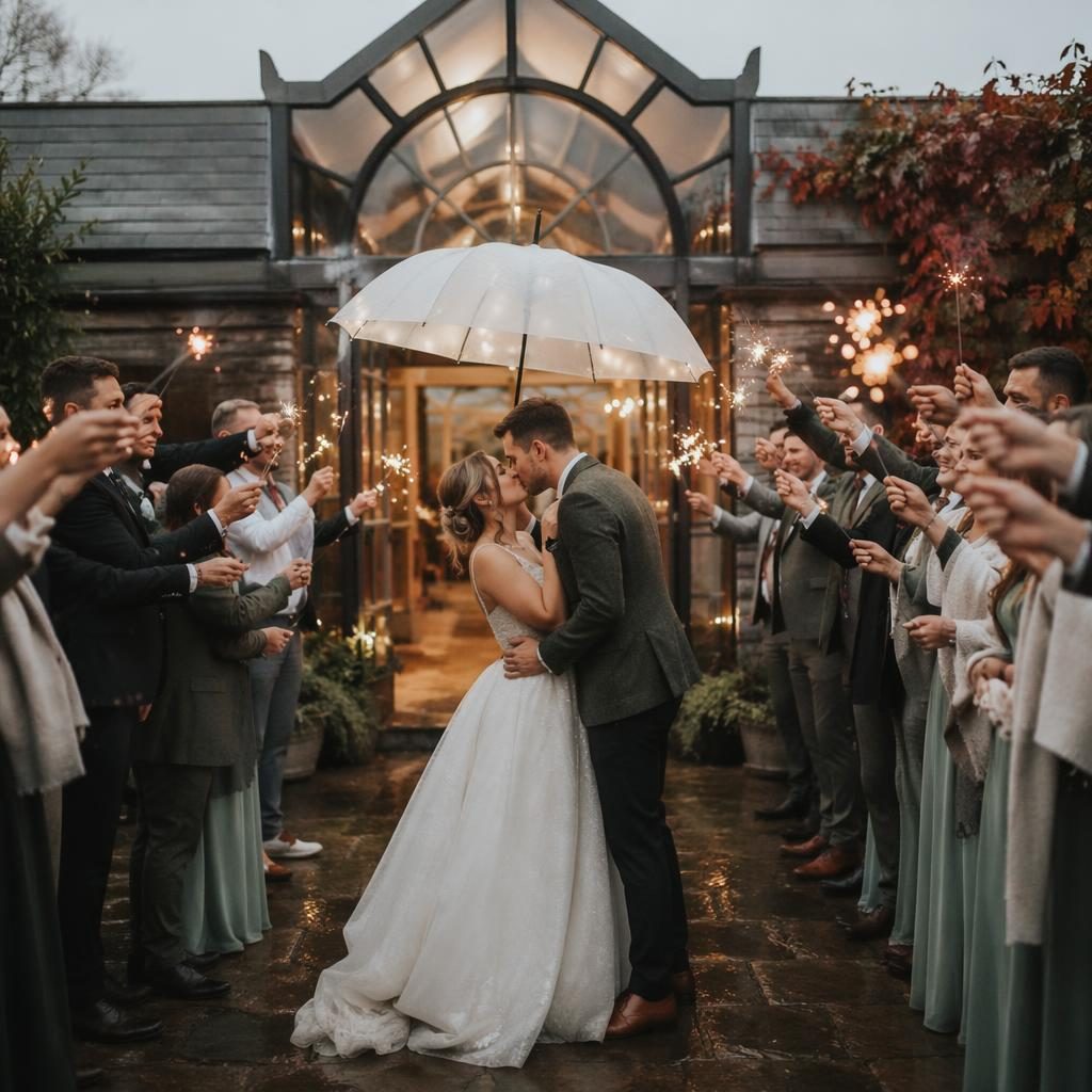 Bride and groom under a white umbrella holding sparklers in a rainy autumn garden wedding setting with sage and white tones.