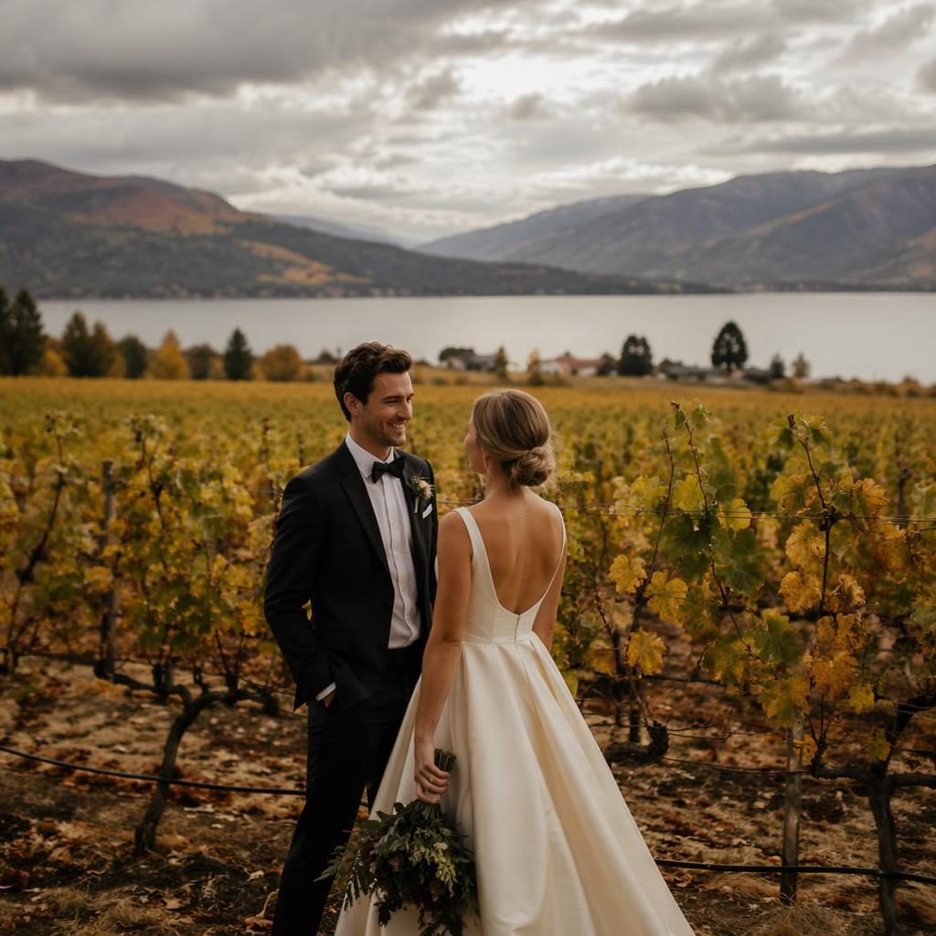 Brautpaar beim First Look auf einem herbstlichen Weingut mit Weinbergen, natürlichem Licht und Emerald-Bronze-Farben