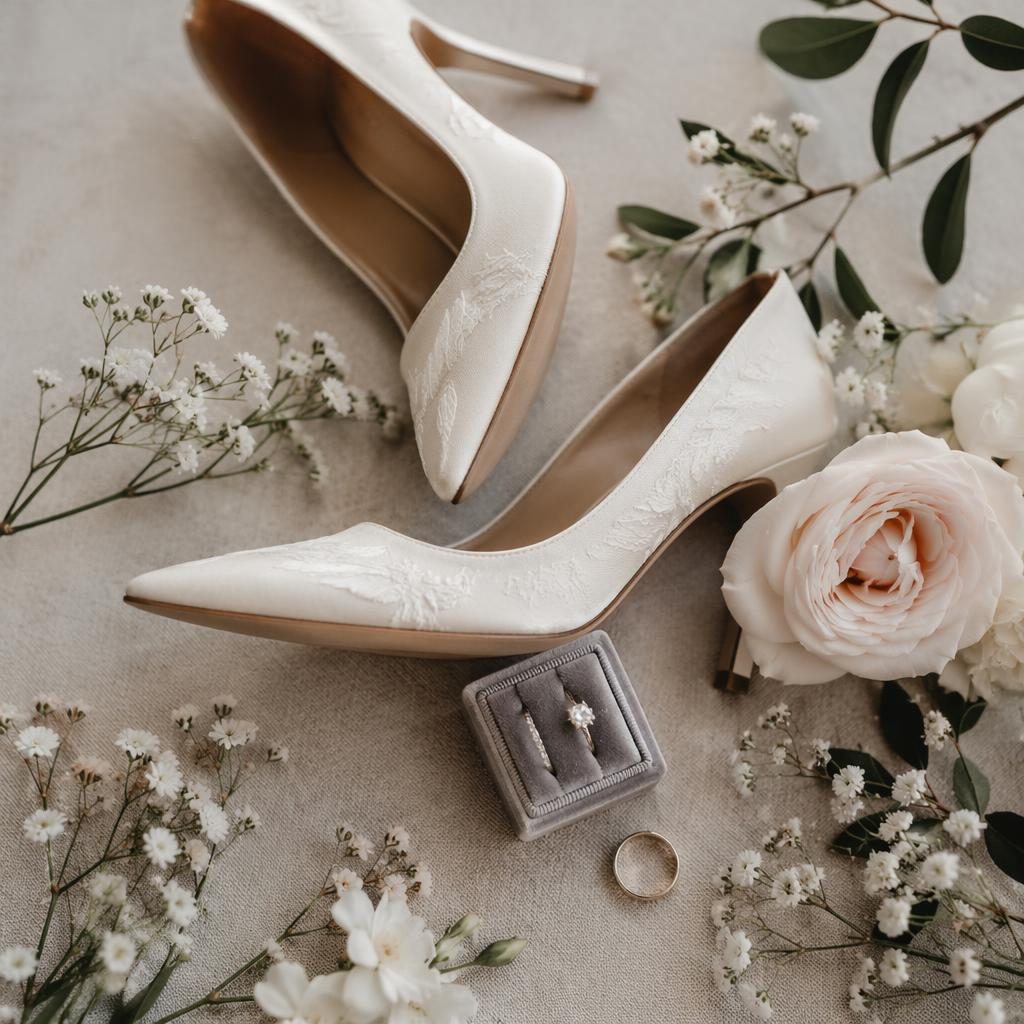 Flatlay de mariage avec chaussures et alliances, tons blush et crème, lumière naturelle en jardin intimiste au printemps.