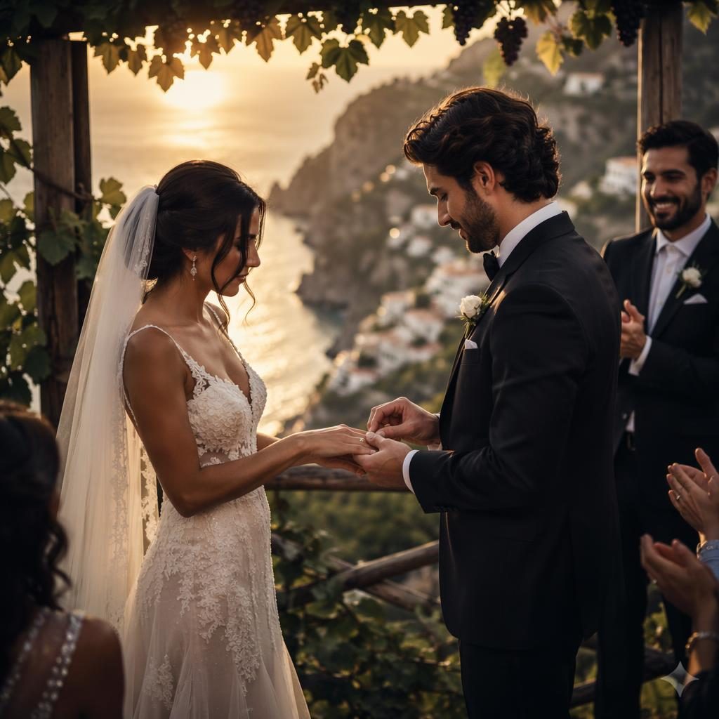 Bride and groom exchange rings in an elegant ballroom with a warm sunset glow and dark moody wedding styling.