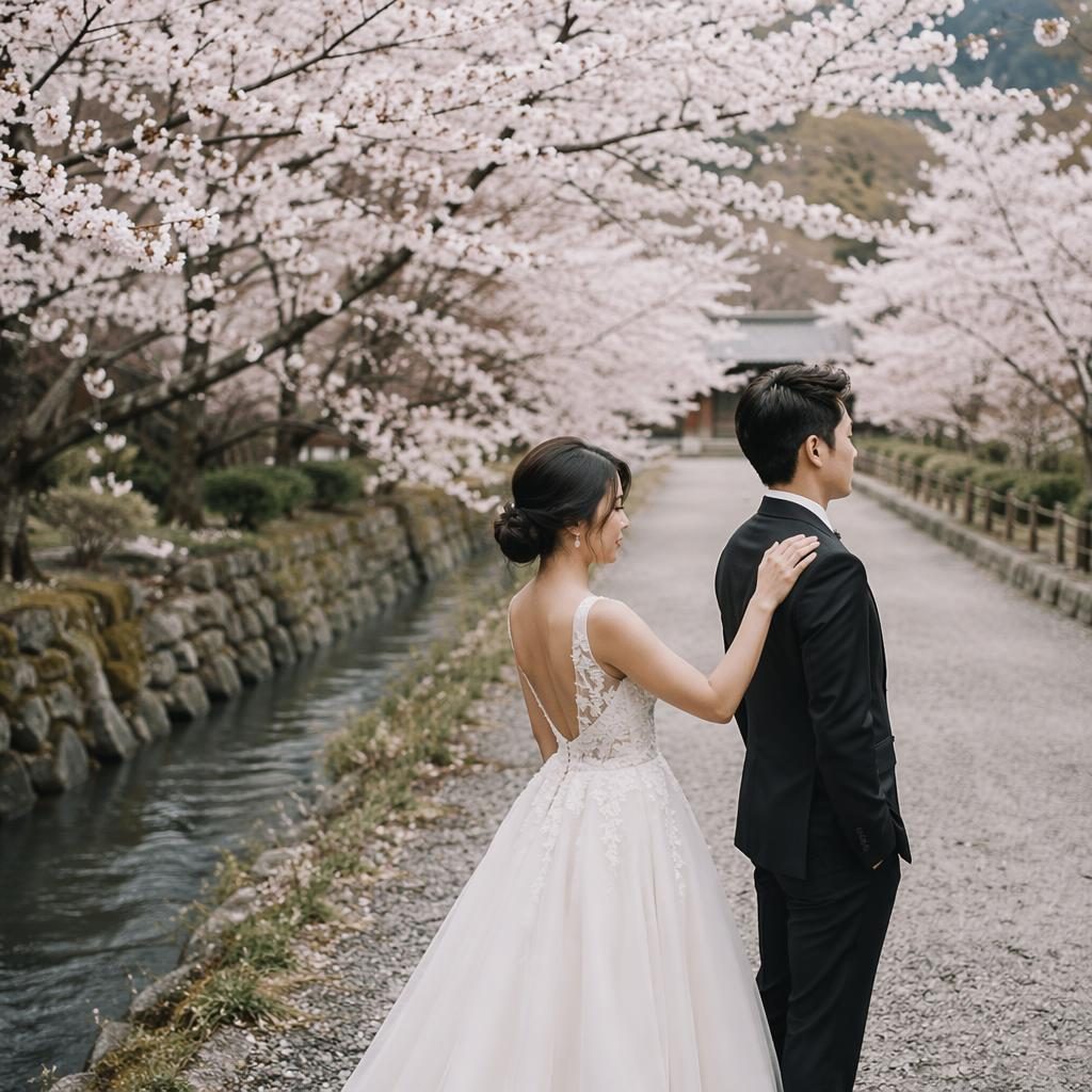 Couple en premier regard devant un temple de Kyoto, cerisiers en fleurs au printemps, lumière naturelle, style mariage