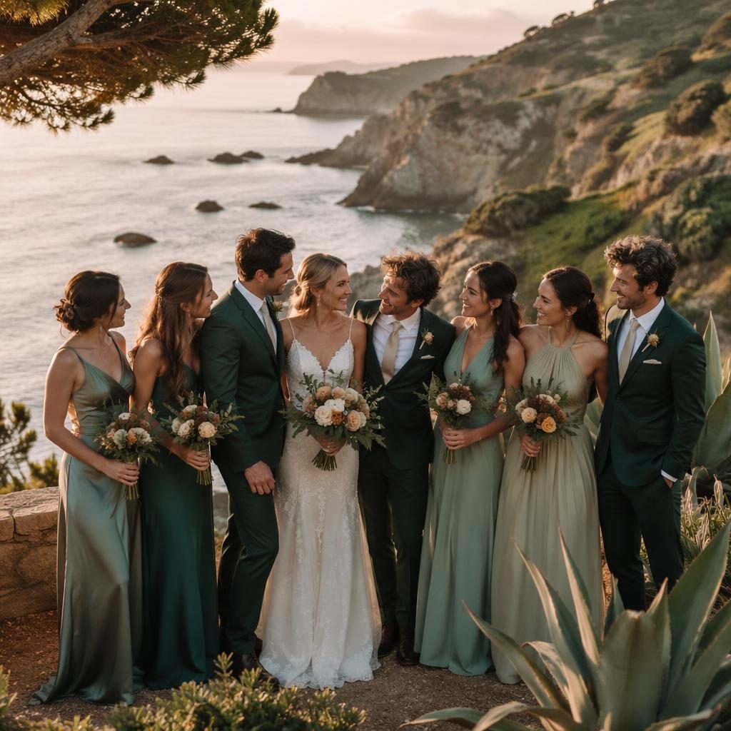 Grupo de boda posando en un acantilado frente al mar al atardecer, con luz natural y estilo editorial romántico.