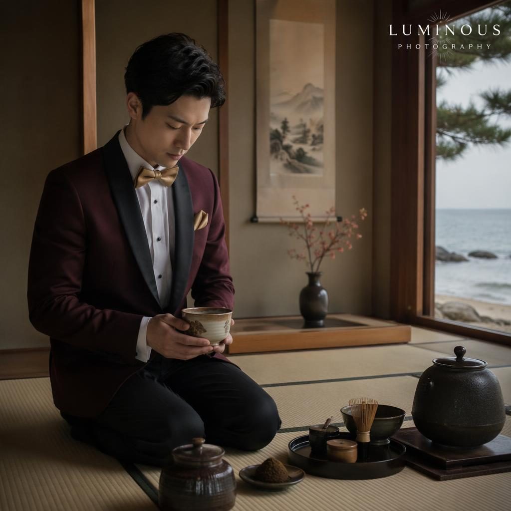 Groom getting ready for a beach destination wedding in winter, with soft pastel light, burgundy and gold details.