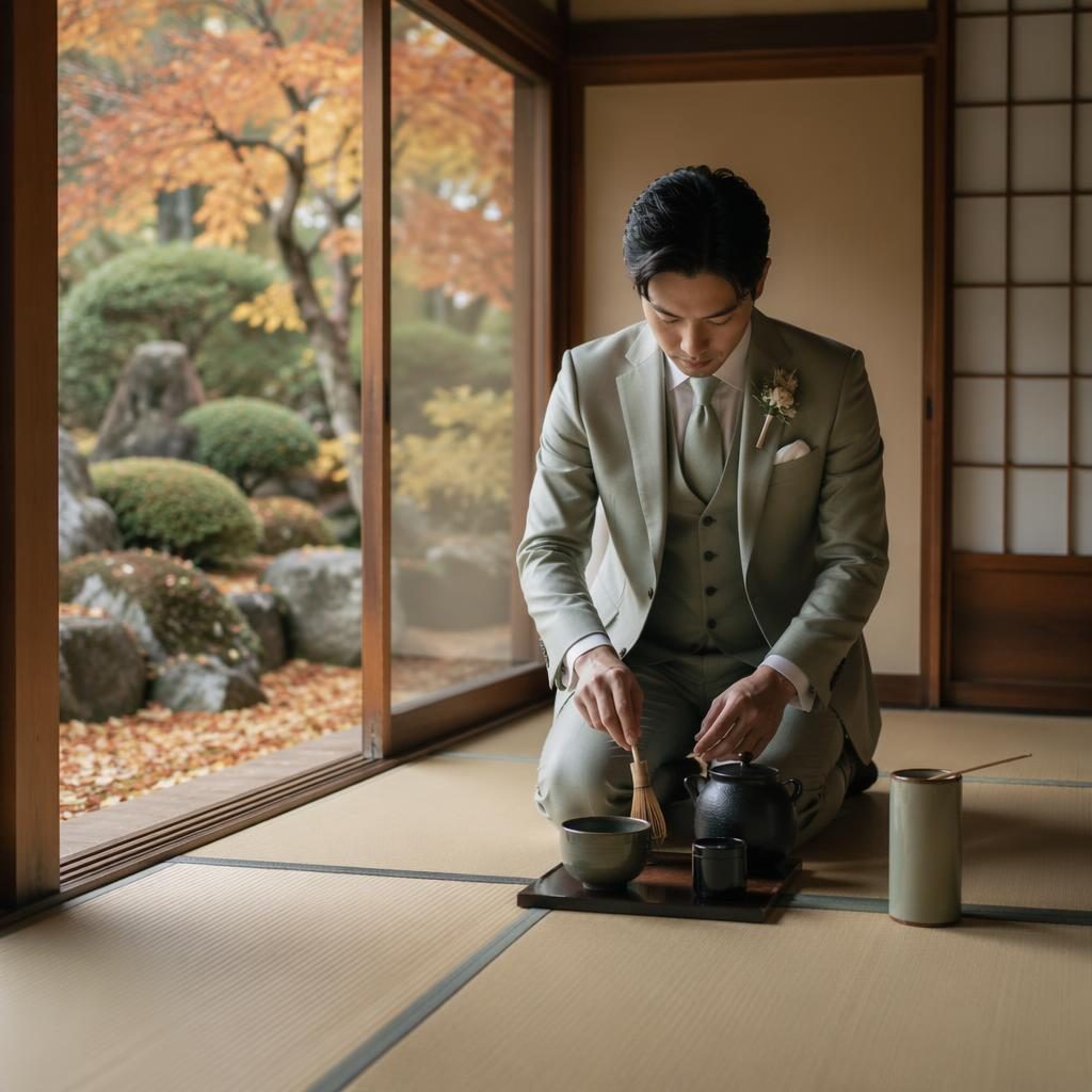 Groom getting ready outdoors in an autumn garden with sage and white details, natural light, timeless wedding styling.