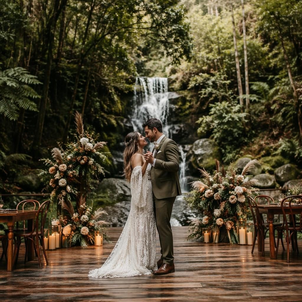 Bride and groom share a first dance at a spring vineyard wedding with a forest waterfall altar, natural light.