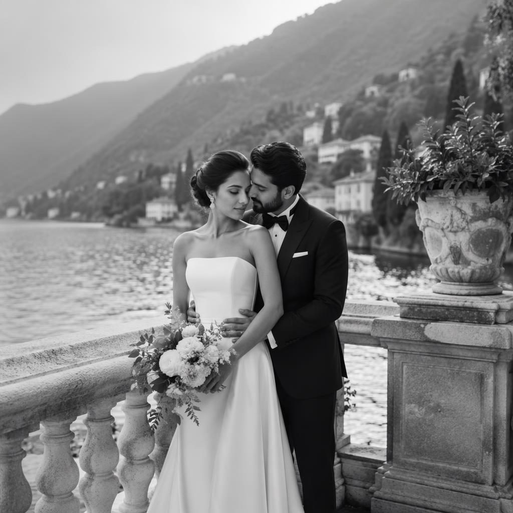 Black and white wedding couple portrait on a Lake Como villa balcony overlooking a botanical garden in winter.