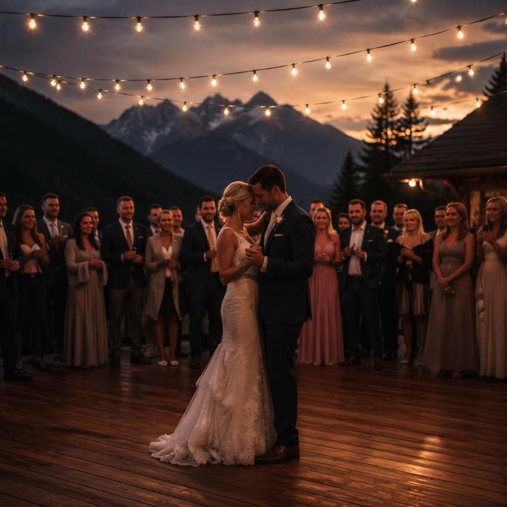 Wedding party gathered around a couple during their first dance under string lights at a moody alpine mountain wedding sunset.