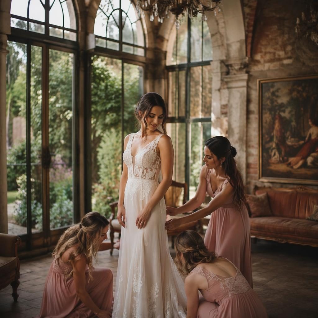 Novia preparándose entre secuoyas gigantes, luz natural y tonos rosa empolvado en escena de boda cinematográfica.