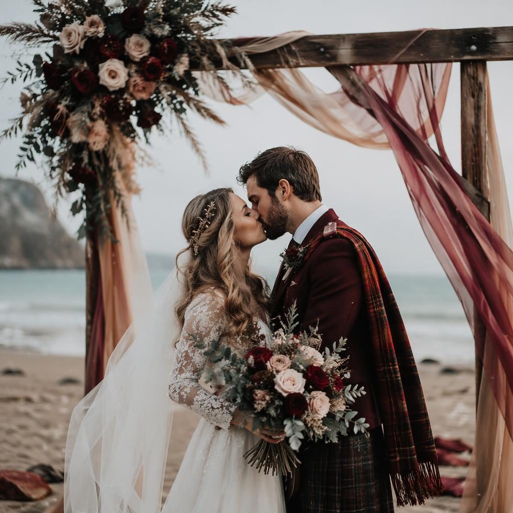Bride and groom share a first kiss in a Scottish meadow ceilidh setting with soft pastel light and burgundy gold tones.