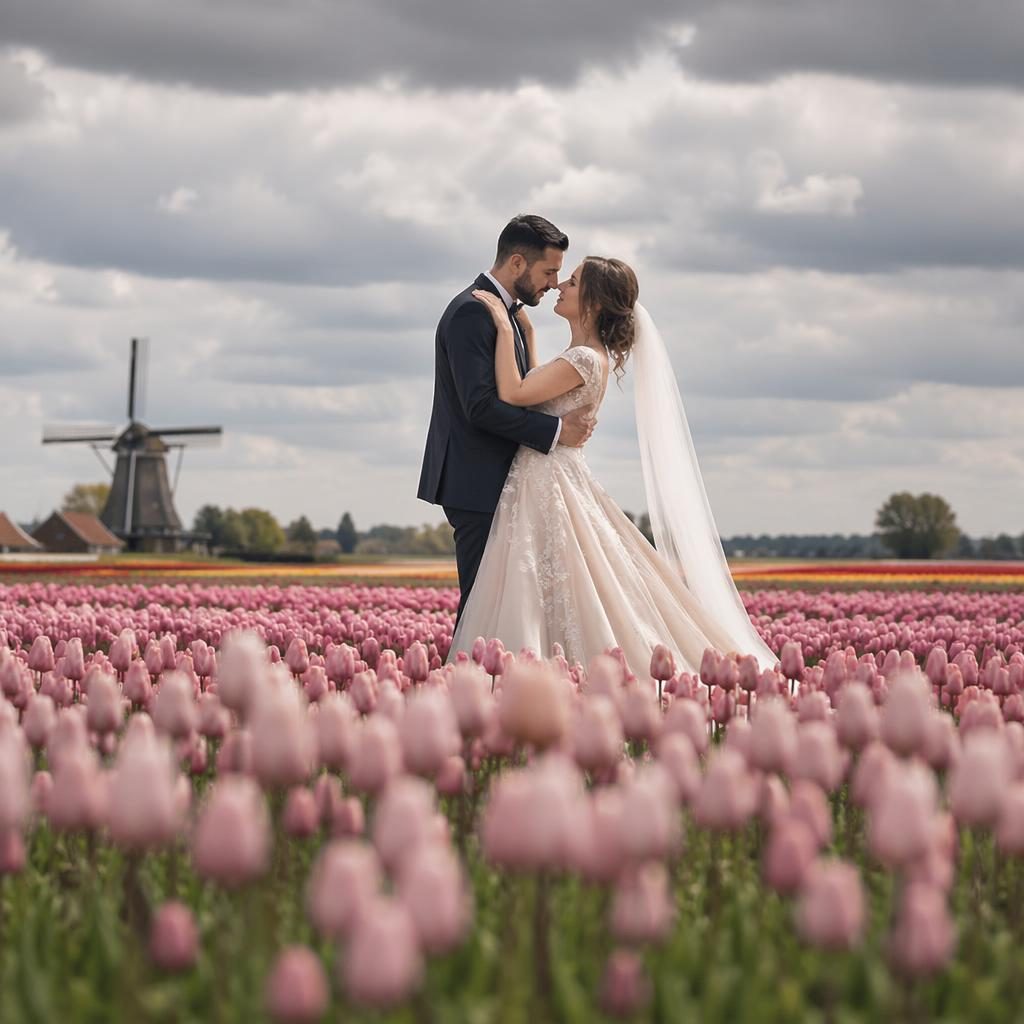 Brautpaar beim ersten Tanz in einem niederländischen Tulpenfeld bei natürlichem Licht, in dusty-rose Tönen