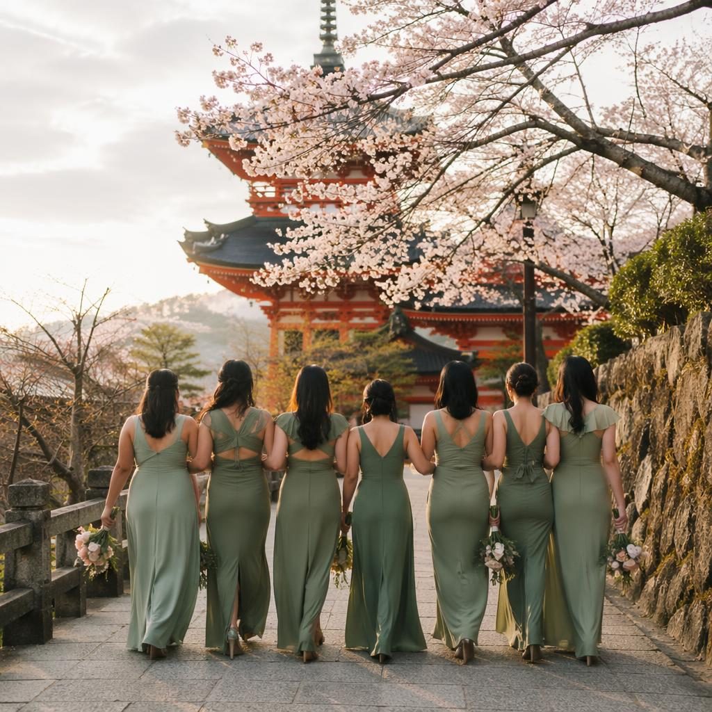 Bridesmaids in elegant dresses pose near a Kyoto temple with cherry blossoms, soft natural light, and an editorial style.