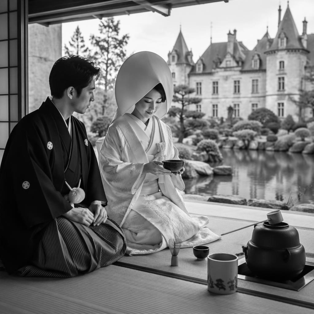 Black and white wedding couple at a château reception entrance, late summer light, editorial just married photoshoot