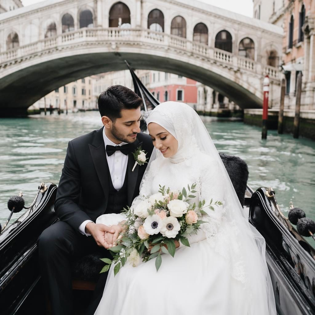 Couple exchanging wedding vows in an urban industrial loft with airy natural light, winter ice tones, and intimate gondola-inspired styling.