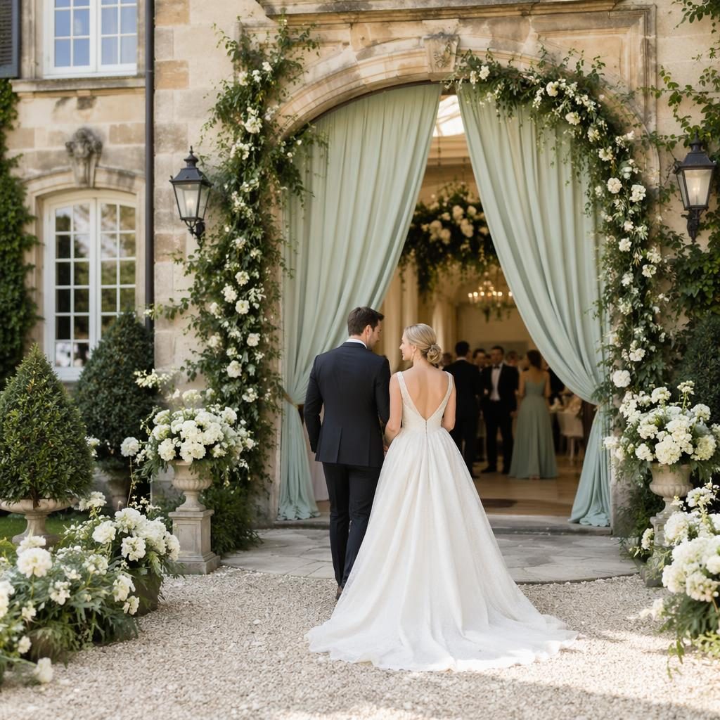Entrée de réception de mariage devant un chalet alpin enneigé, palette sauge et blanc, lumière naturelle.