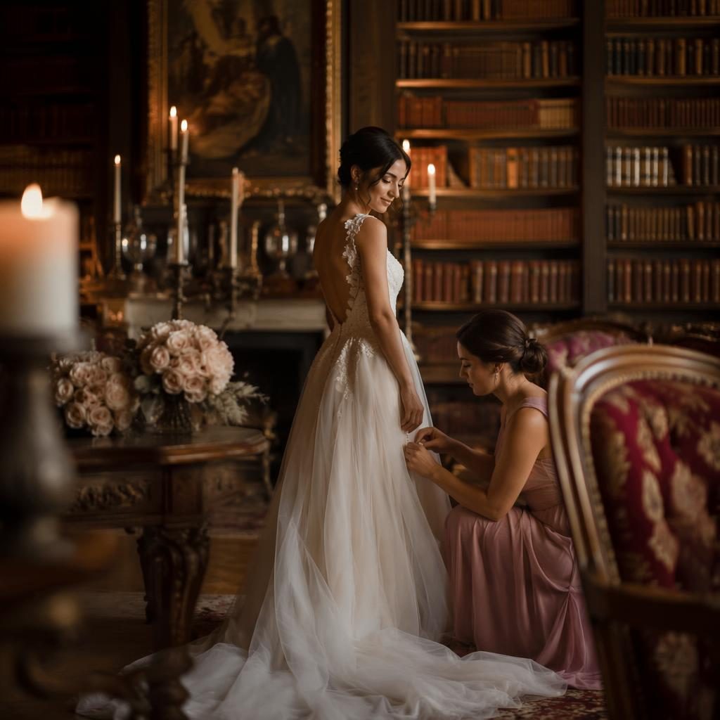 Braut beim Getting Ready in historischer Schlossbibliothek bei Kerzenschein, natürliche Lichtstimmung, dusty-rose Details