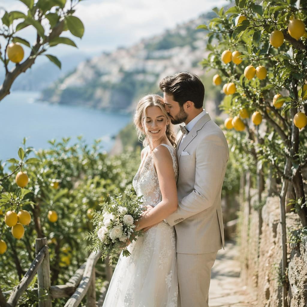 Brautpaar-Porträt am Strand vor einem Zitronengarten, helles Licht, winterlich-kühle Farbtöne, natürliche Hochzeitsfotografie
