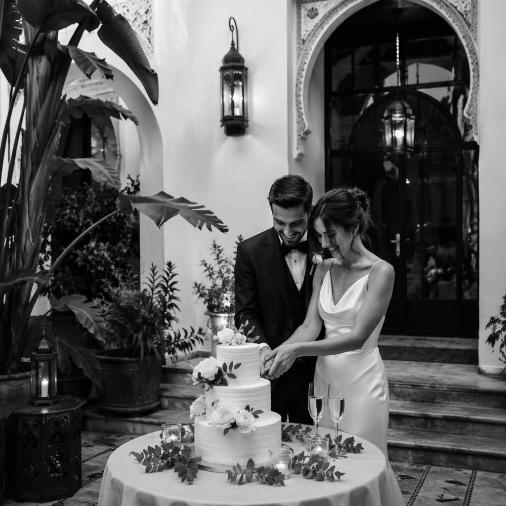 Black and white wedding photo of a couple cutting cake in a Moroccan riad courtyard garden in late summer.