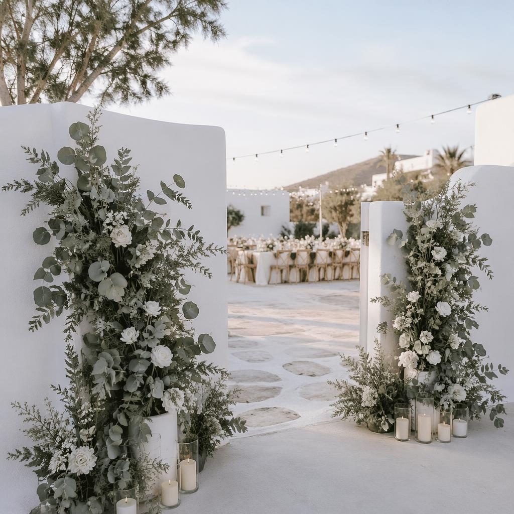 Entrada de boda en jardín botánico con venue blanco estilo isla griega, flores blancas y verdes, luz natural y estética clásica.