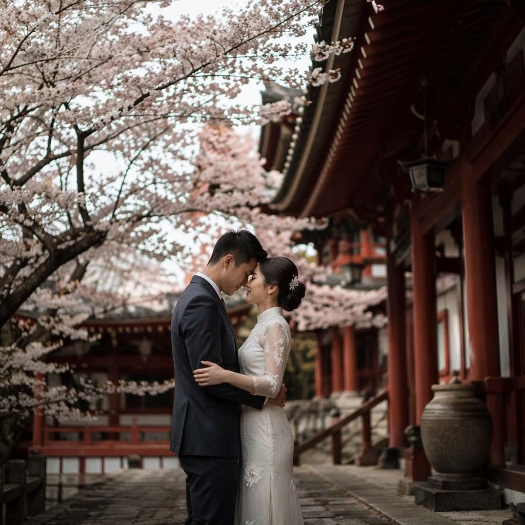 Moody wedding reception details at a Kyoto temple with cherry blossoms, warm sunset light, and tropical resort styling