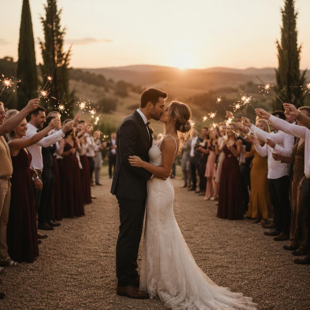 Pareja de boda con bengalas al atardecer entre viñedos, tonos burdeos y dorado, estilo romántico y minimalista