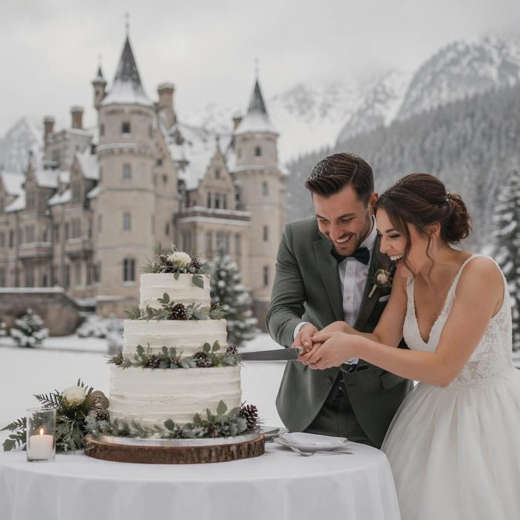 Brautpaar beim Tortenanschnitt in einem verschneiten Alpenschloss, natürliche Pose, sage-weiße Deko, winterliches Licht