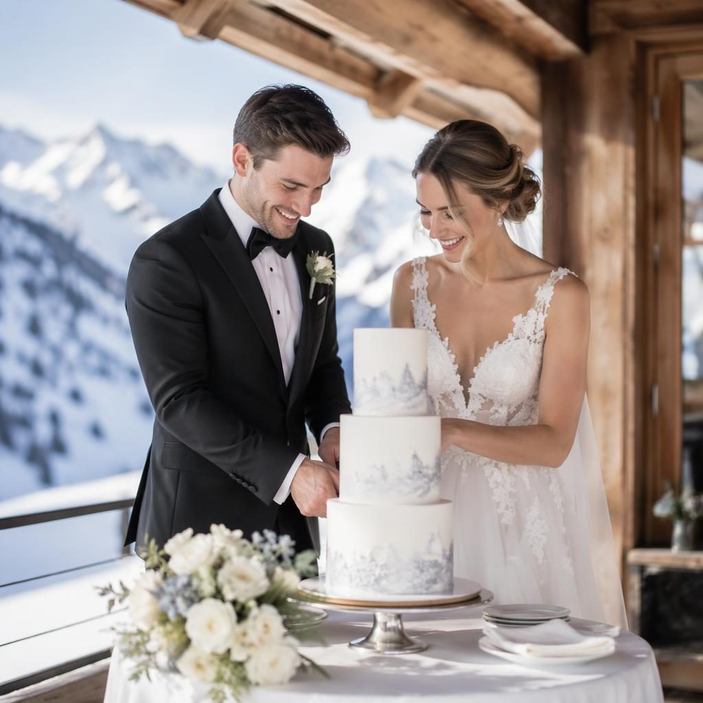 Bride and groom cutting wedding cake in a minimalist alpine chalet with snowy mountain views, light airy winter tones.