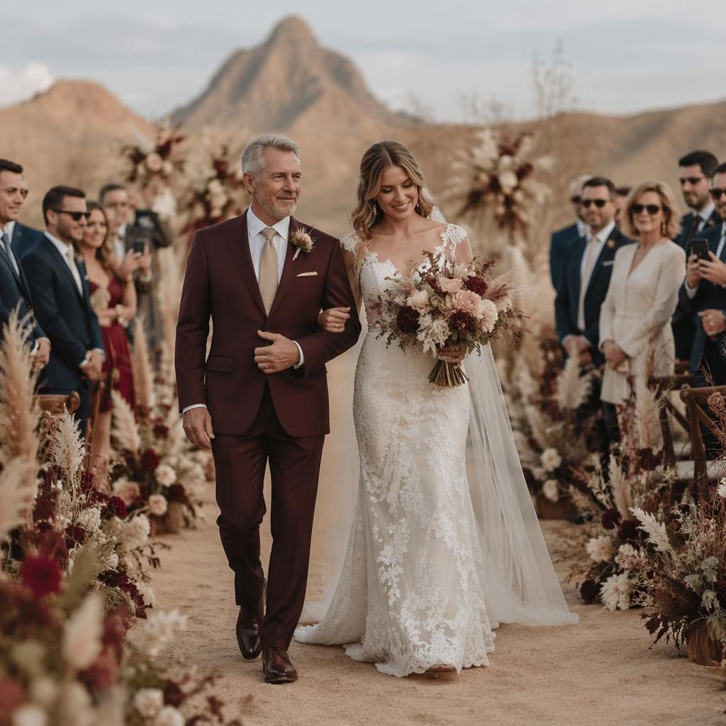 Père accompagnant la mariée dans l’allée lors d’une cérémonie de mariage au désert, tons bordeaux et or, lumière naturelle