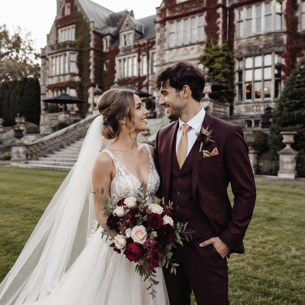 Couple wedding portrait in a soft pastel burgundy and gold style, posed in an urban industrial loft with natural light.