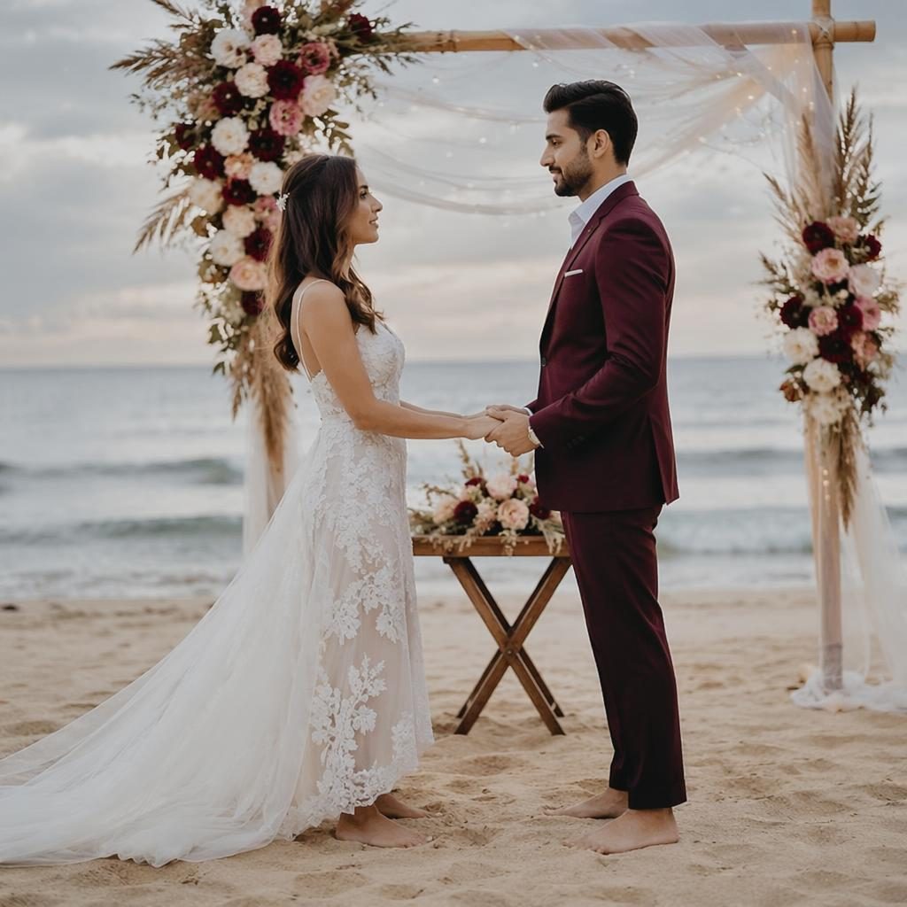 Barefoot couple exchanging vows on a summer beach with soft pastel tones and burgundy-gold styling