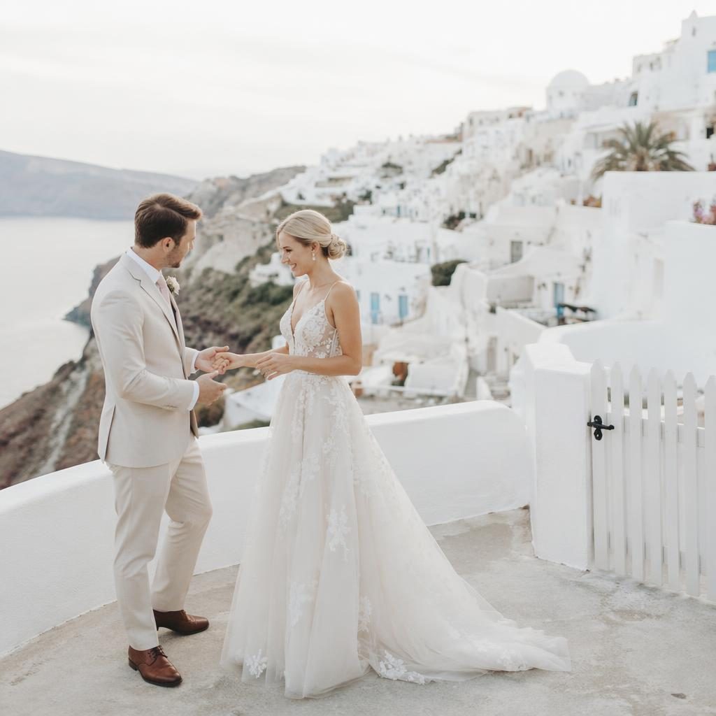 Candid first look wedding photo of a couple at a whitewashed Greek island cliffside venue overlooking the ocean.