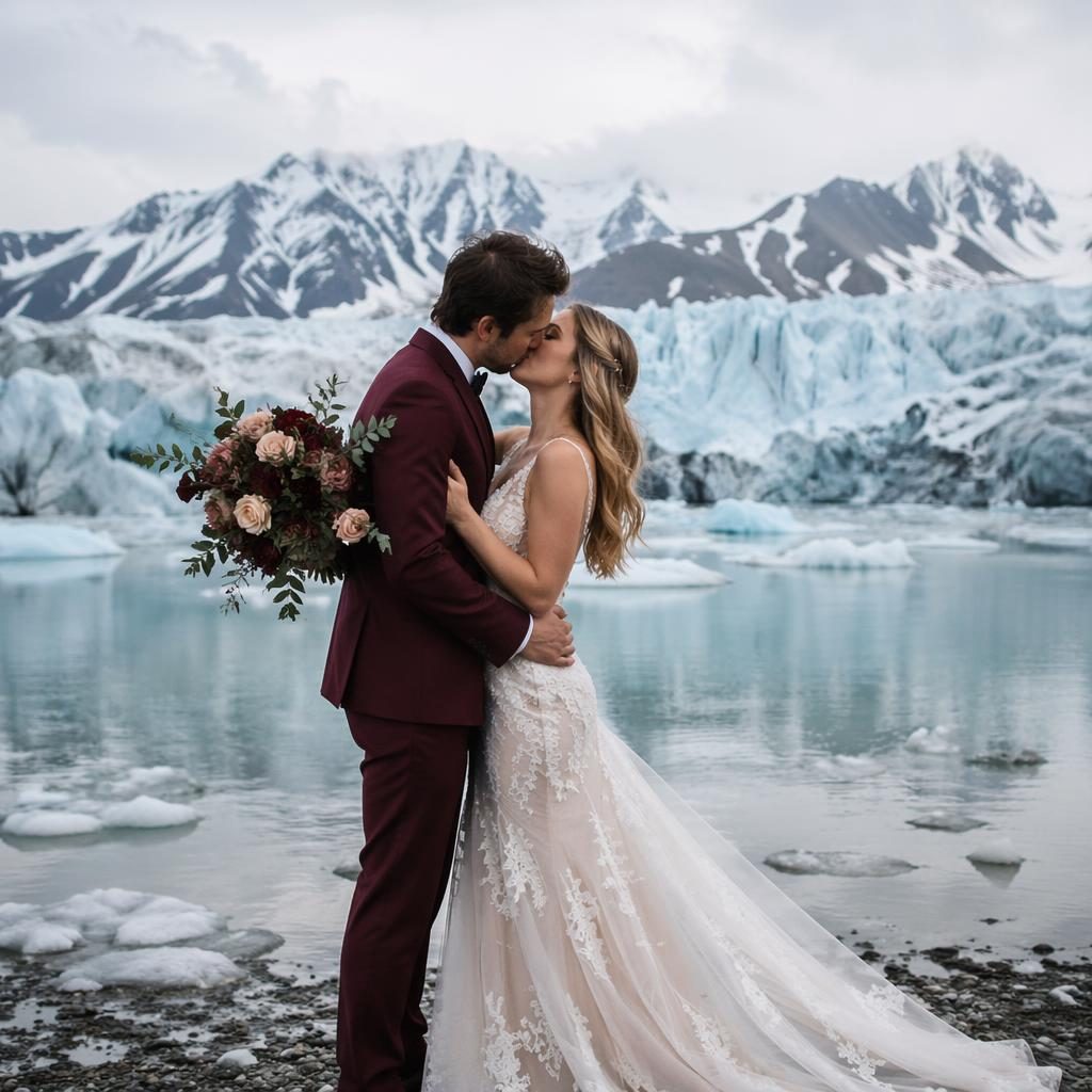 Couple sharing a first kiss on a Nordic glacier, styled as a desert-minimalist wedding in burgundy and gold pastel light