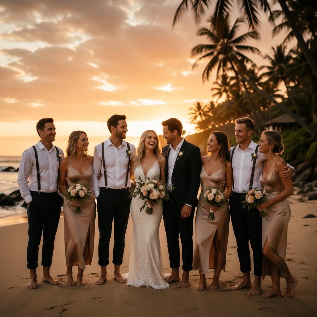 Wedding party posing barefoot on a summer beach at sunset, warm moody light, elegant styling, photoreal group portrait.